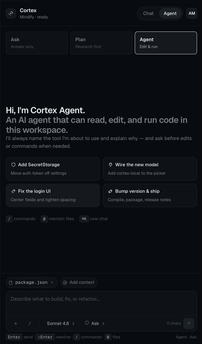 Cortex Agent mode with workspace tool prompts