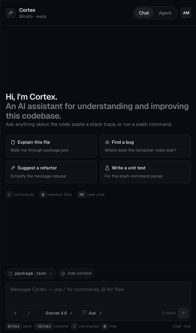 Cortex Tutorial (Chat) mode with quick-start prompts