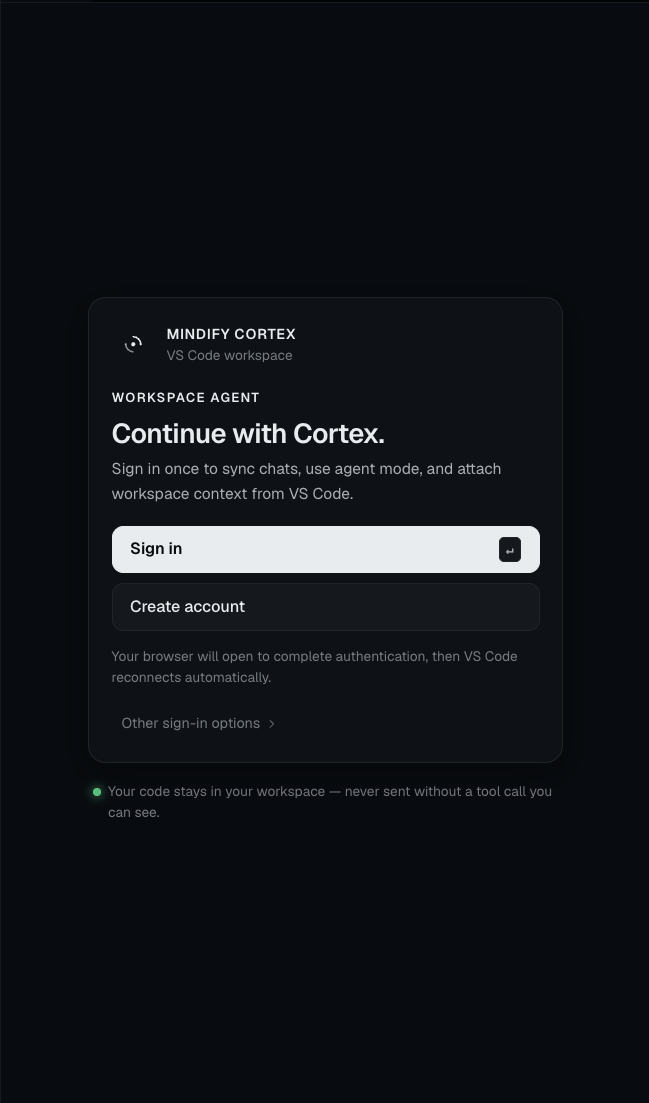 Cortex sign-in screen inside VS Code