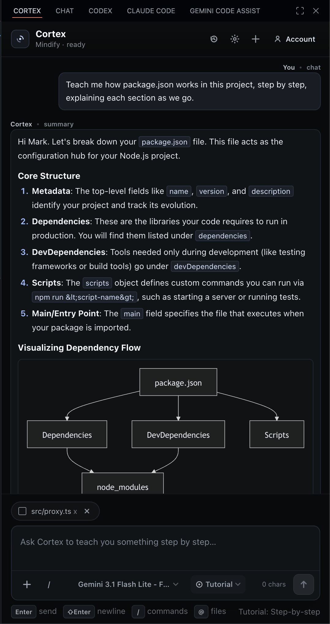 Cortex Tutorial mode rendering a Mermaid dependency diagram